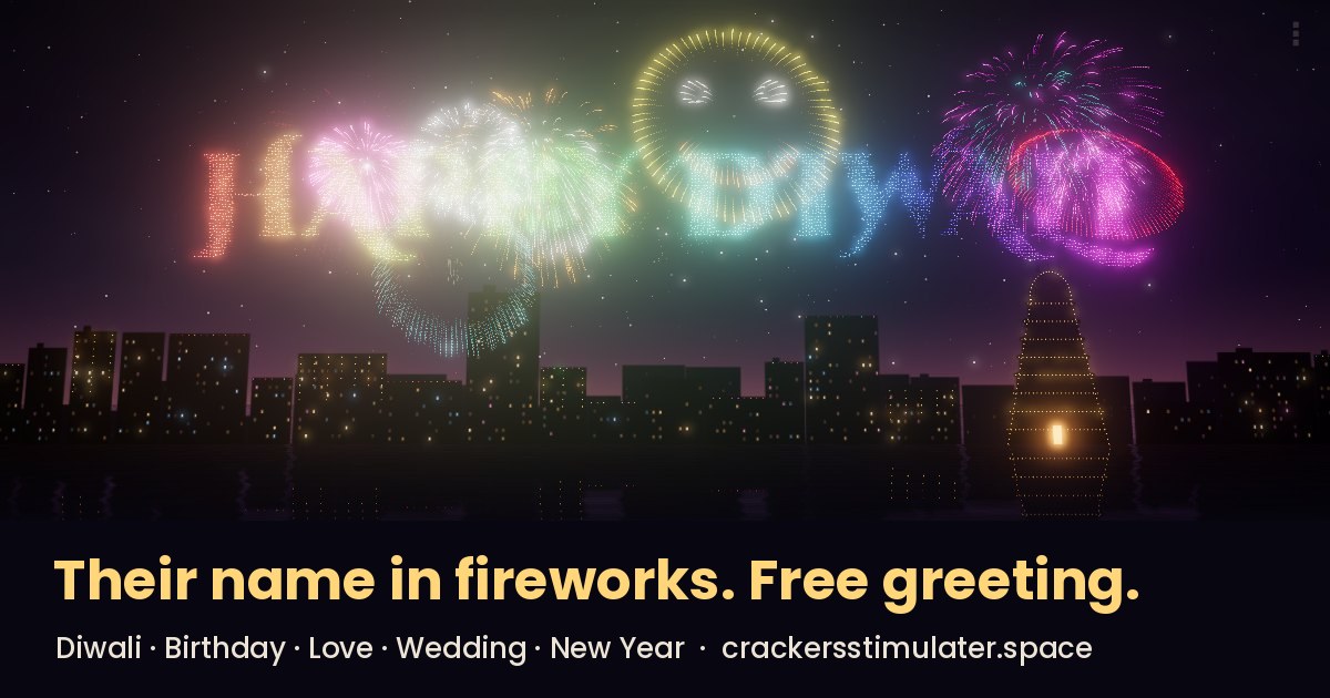 A name written in fireworks over a night city in Virtual Crackers